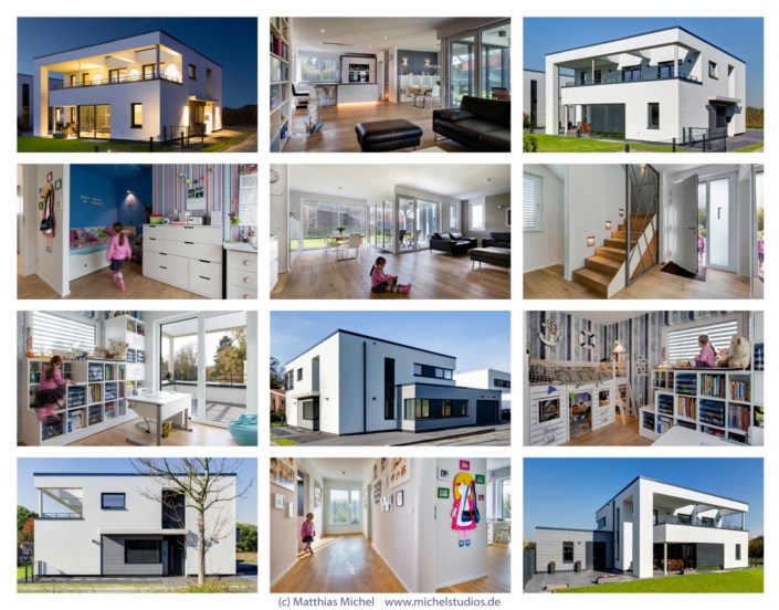 Architekturfoto Collage Wohnhaus Innenraumaufnahme und Außenaufnahme Tag und Nacht